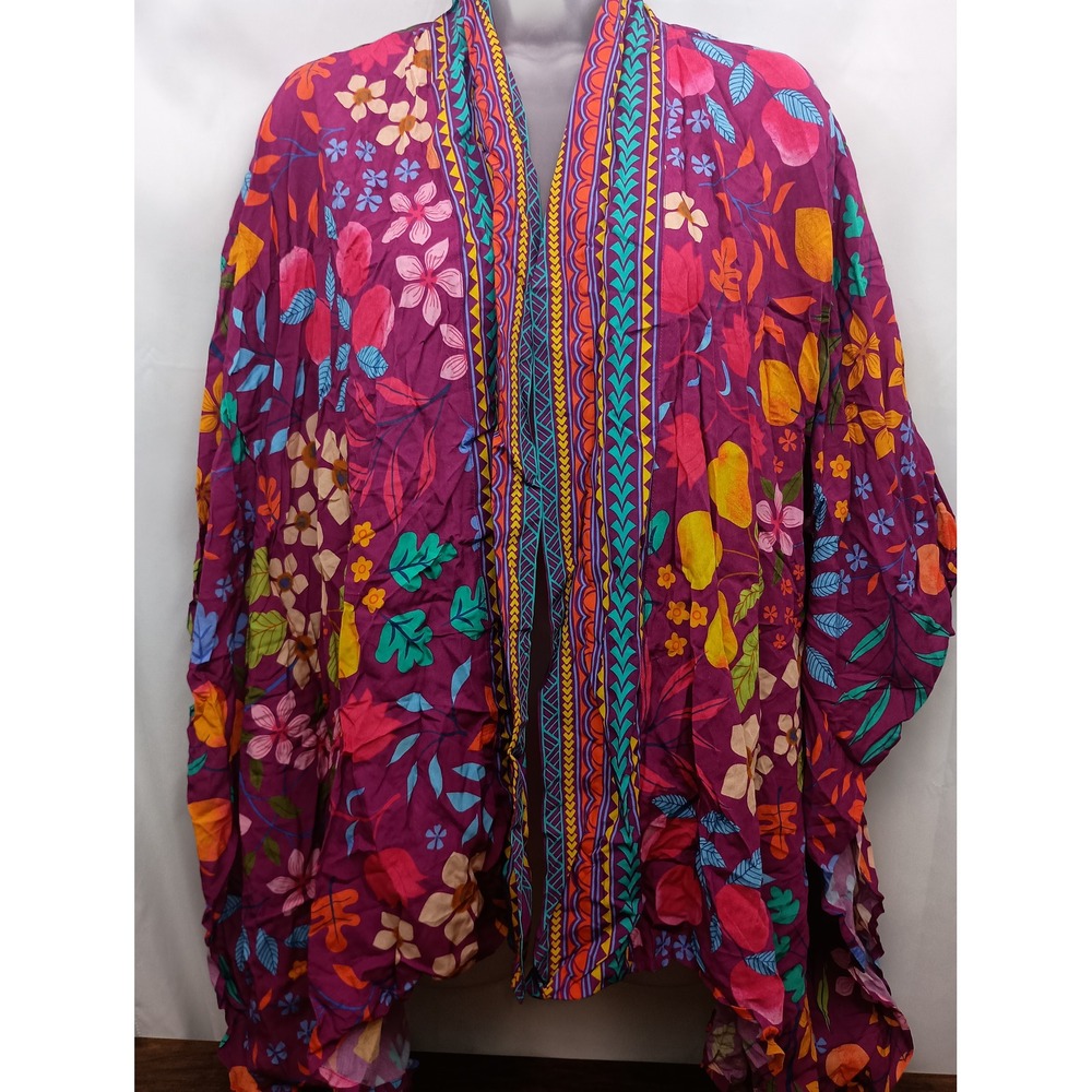 Colleen Lopez M/L viscose colorful fruit floral open front kimono poncho